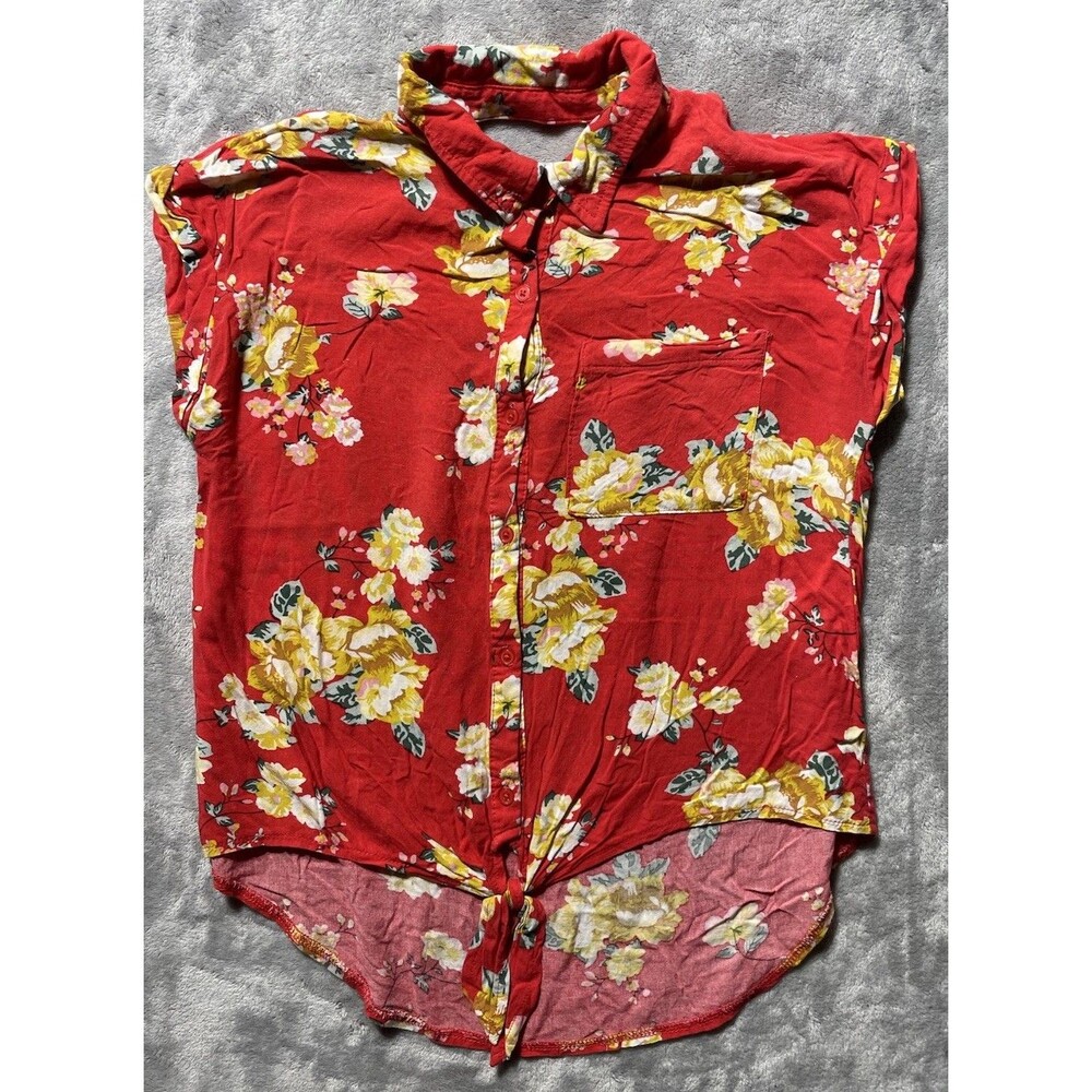 Women’s Tropical Hawaiian Floral Top with Cut Out Back & Tie Front Size XS Red